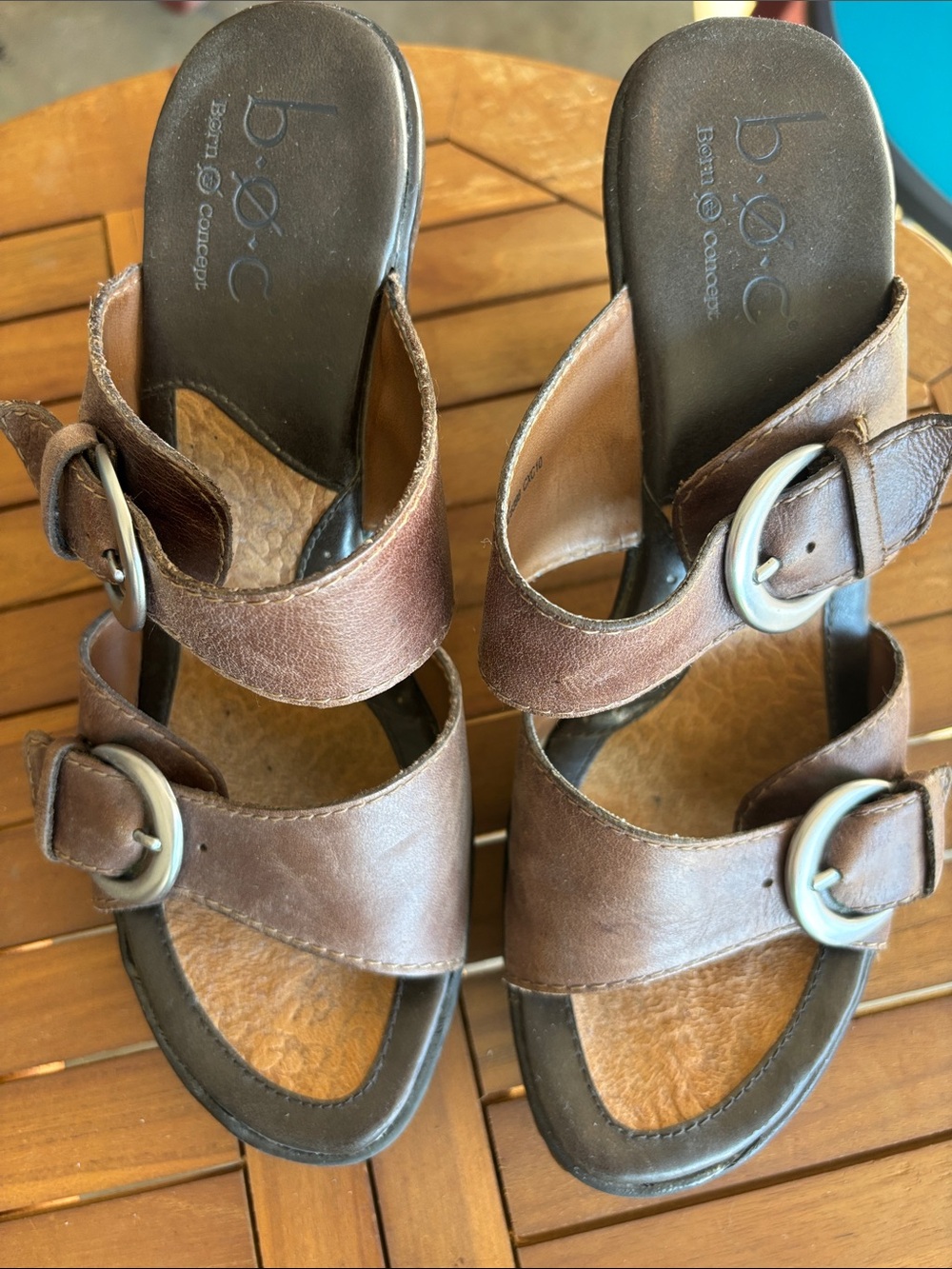 b.o.c. Brown Leather Double-Buckle Slide Mules
